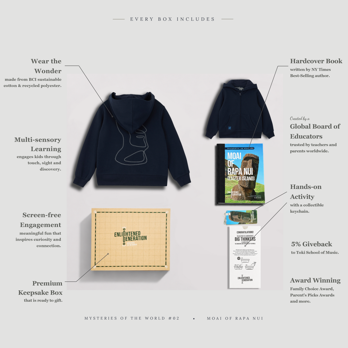 Moai Gift Box with Mystery Dot Kids Zip-Up Hoodie, Book, and Activities