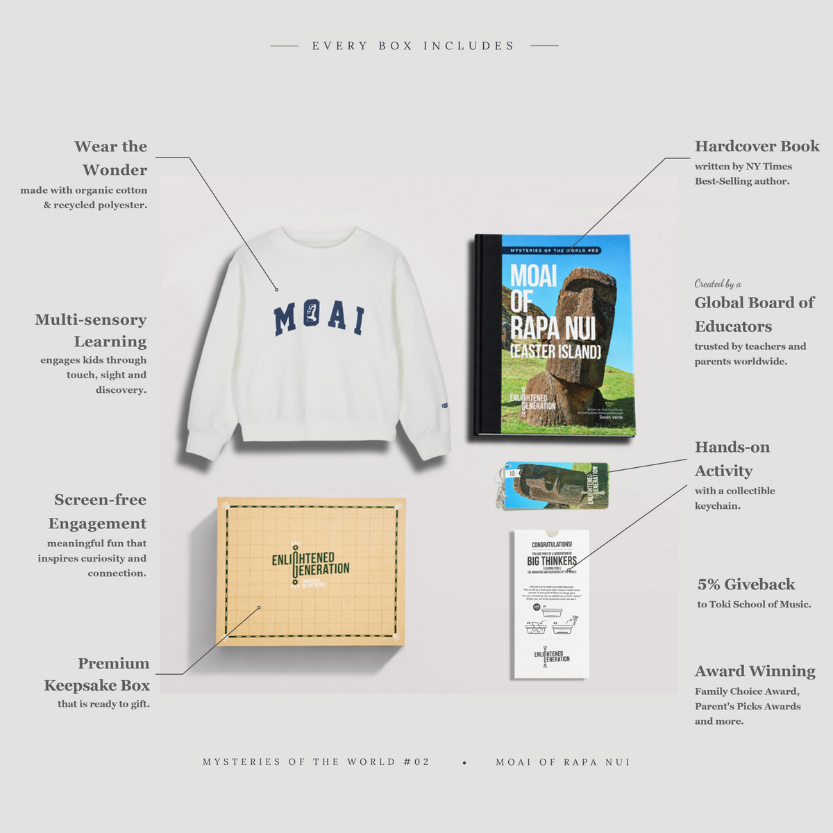 Moai Curiosity Club Gift Box with White Collegiate Kids Sweatshirt, Book, and Activities