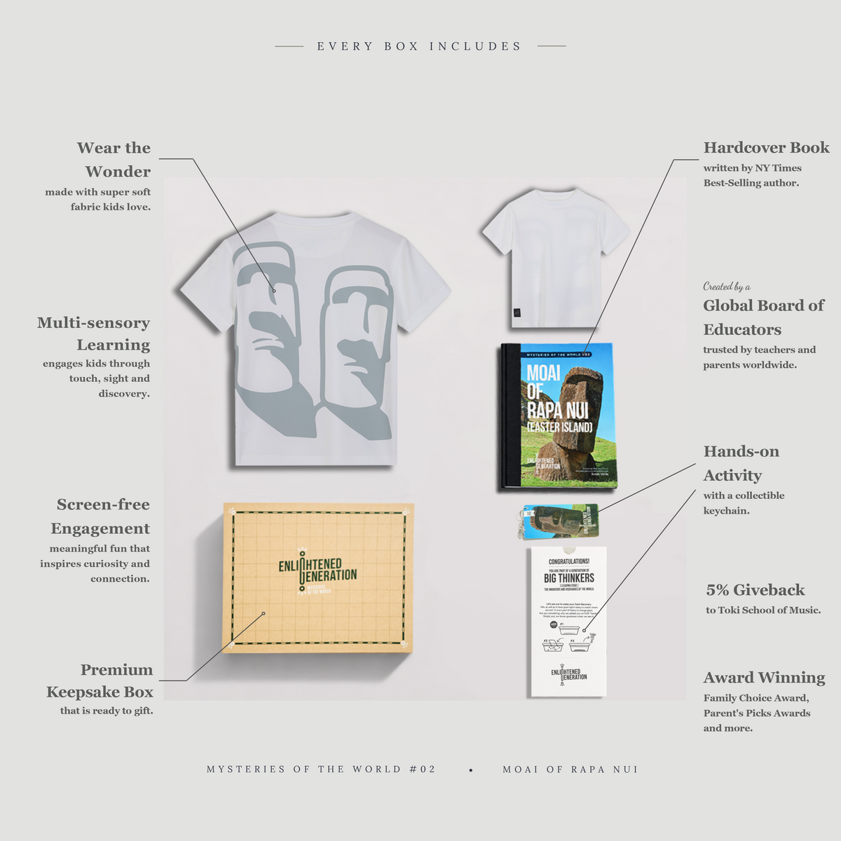 Moai Ancient Wonders Gift Box with White Back Print Kids Tee, Book, and Activities