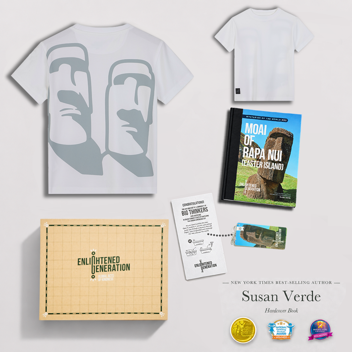 Moai Ancient Wonders Gift Box with White Back Print Kids Tee, Book, and Activities