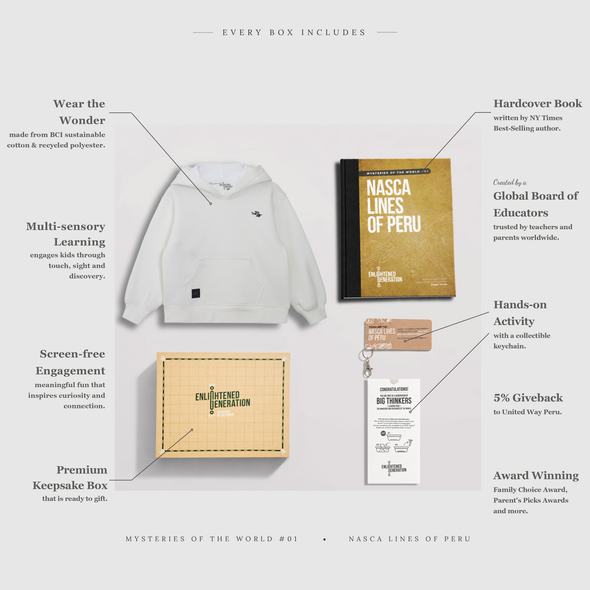Nasca Ancient Mystery Gift Box with White Embroidered Pelican Kids Hoodie, Book, and Activities