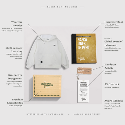 Nasca Ancient Mystery Gift Box with White Embroidered Pelican Kids Hoodie, Book, and Activities
