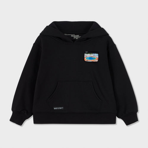 Black Grand Prismatic Spring kids hoodie with a rainbow pocket on the chest, front view