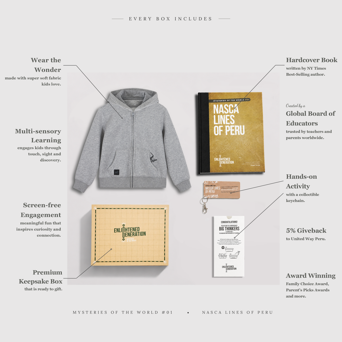 Nasca Gift Box with Hidden Spider Embroidered Kids Zip-Up Hoodie, Book, and Activities
