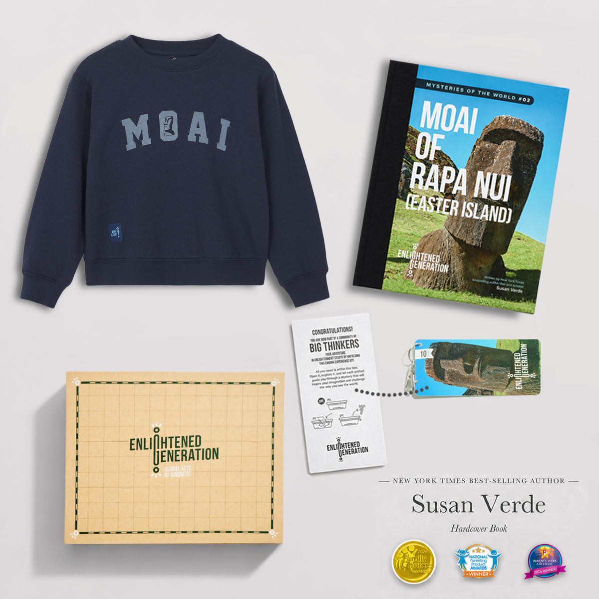Moai Curiosity Club Gift Box with Navy Collegiate Kids Sweatshirt, Book, and Activities