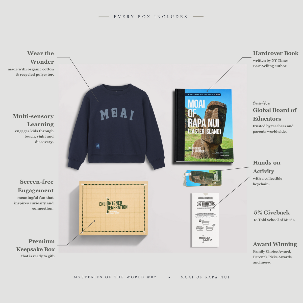 Moai Curiosity Club Gift Box with Navy Collegiate Kids Sweatshirt, Book, and Activities