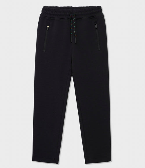 Black Grand Prismatic Spring kids tech fleece joggers with zip pockets and a rainbow drawcord, front view