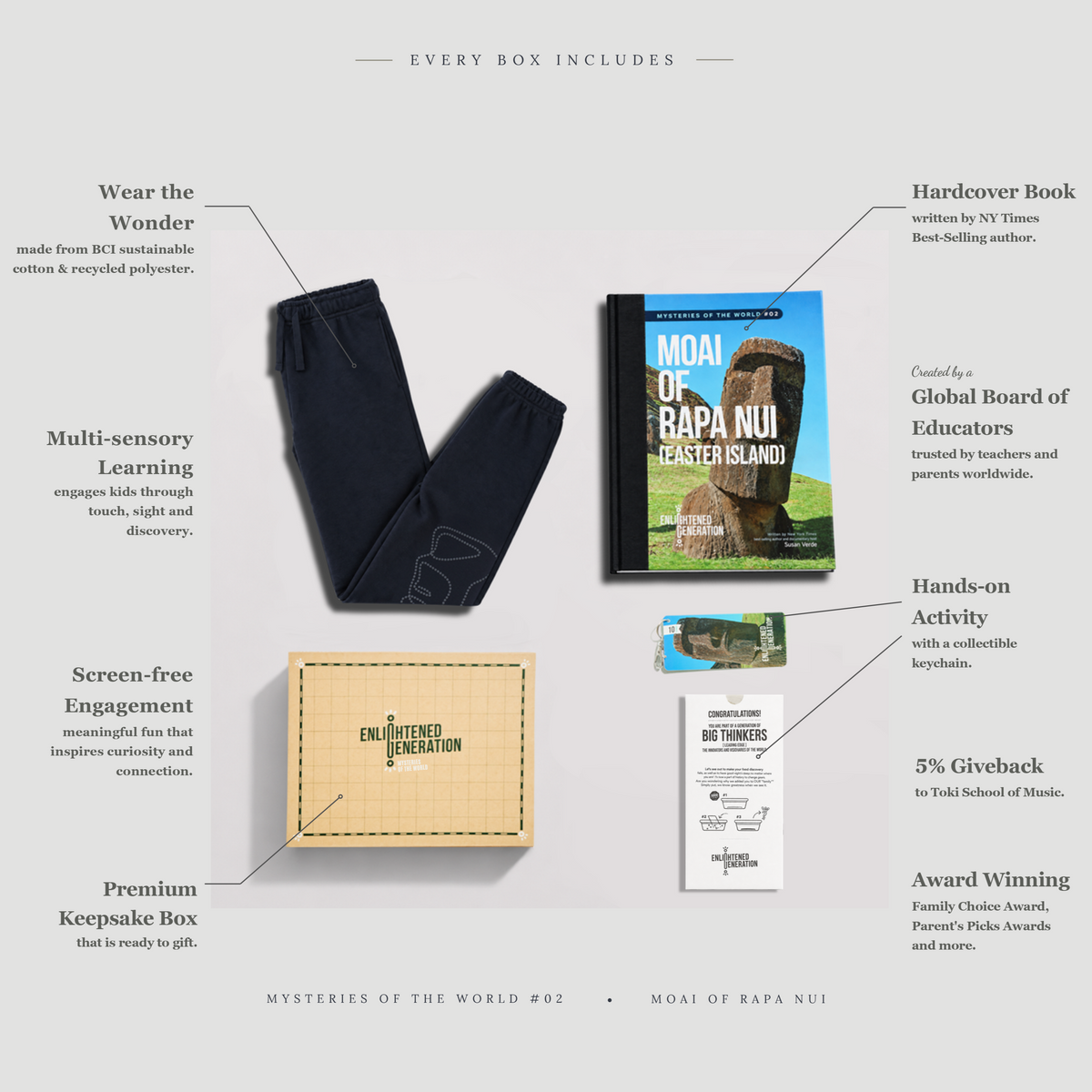 Moai Gift Box with Mystery Dot Kids French Terry Sweatpants, Book, and Activities