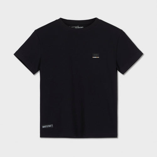 Black Grand Prismatic Spring kids tee with a small lift-flap pocket on the chest, front view