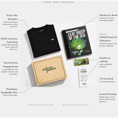 Leaf Sheep Gift Box with Black Peek-and-Discover Kids Tee, Book, and Activities