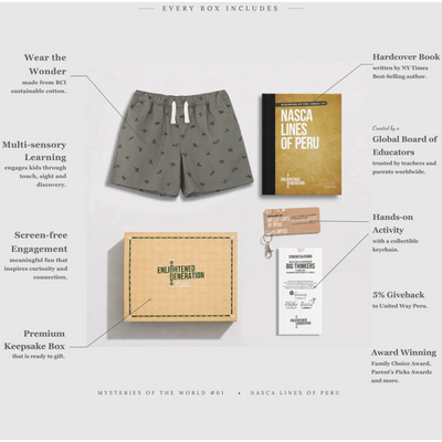 Nasca Desert Mystery Gift Box with Print Kids Shorts, Book, and Activities