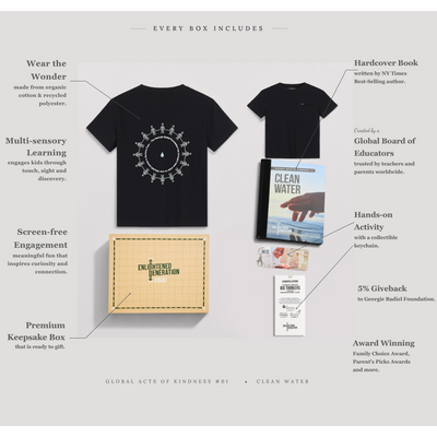 Water Gift Box with Black Secret Message Pocket Kids Tee, Book, and Activities