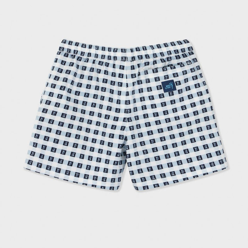 The Moai Island Explorer Kids Gingham Shorts, laid flat