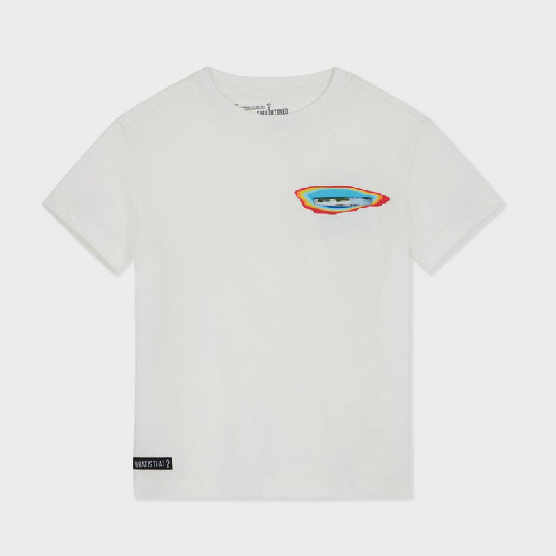 The Grand Prismatic Spring Secret Rainbow Pocket Kids Tee, laid flat, with the rainbow print peeking out of its pocket