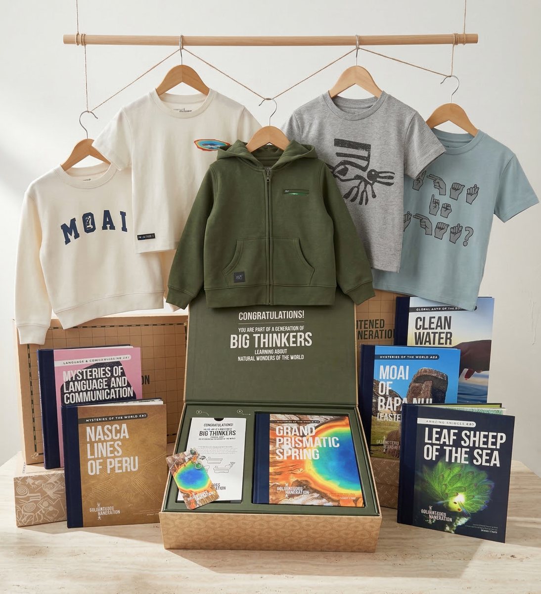 Enlightened Generation kids clothing on hangers above an open gift box and the six books